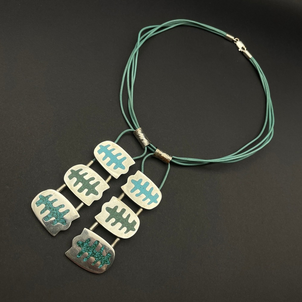 Manos Andinas Statement Necklace Sterling Turquoise Inlay Chilean Art Jewelry - Picture 3 of 13